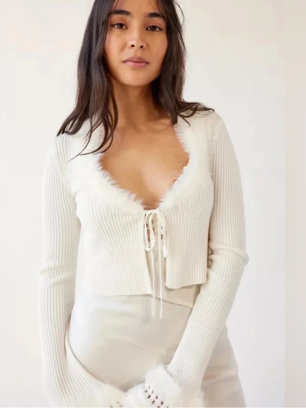 Urban Outfitters Fuzzy Trim Tie-Front Ribbed Cardigan Top